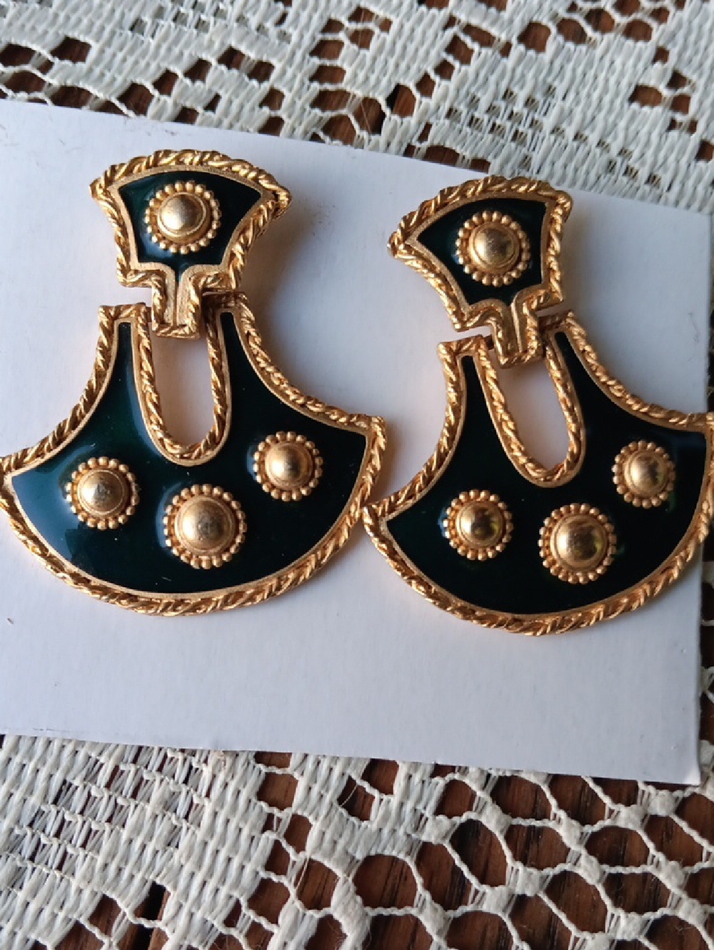 Gold-Tone Black Drk Green Post Enamel Doorknocker Statement Earrings